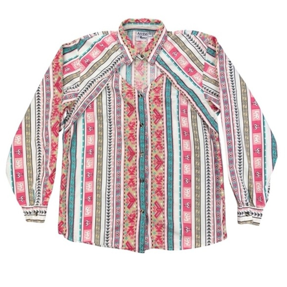 Vtg Adobe Rose Shirt Womens Medium Western Geometric Print Button Up Long Sleeve